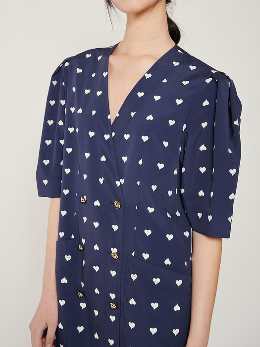 NAVY HEART-PRINT V NECK PUFF SLEEVE DRESS