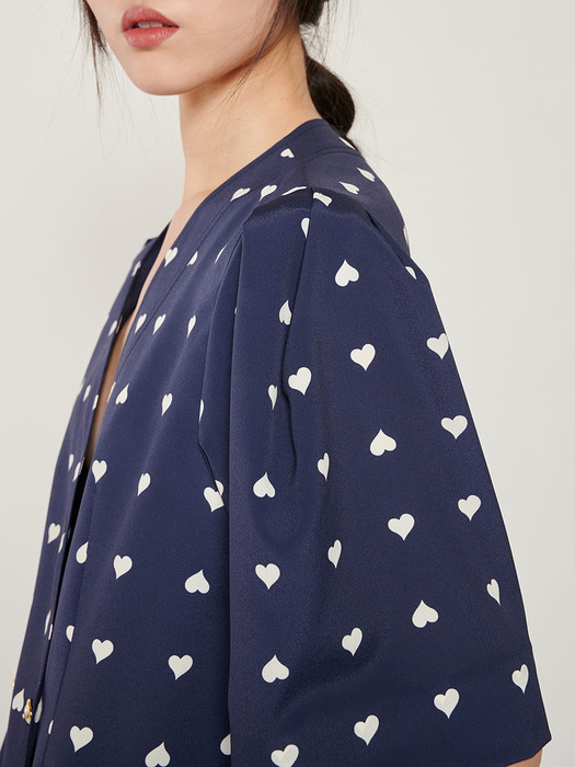 NAVY HEART-PRINT V NECK PUFF SLEEVE DRESS