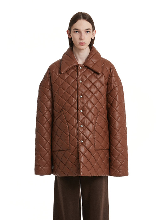 Faux-Leather Collar Quilted Jacket_Brown