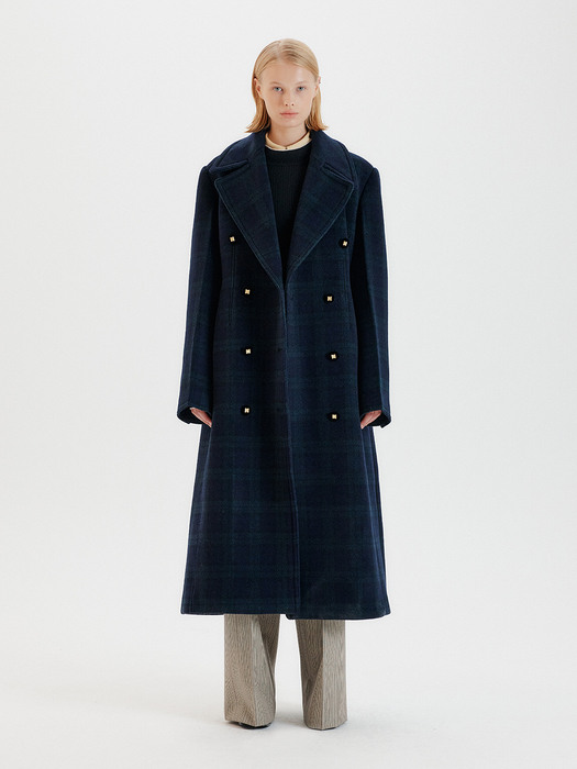 THERIUS Oversized Long Pea Coat - Navy Check