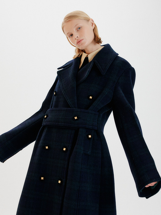 THERIUS Oversized Long Pea Coat - Navy Check