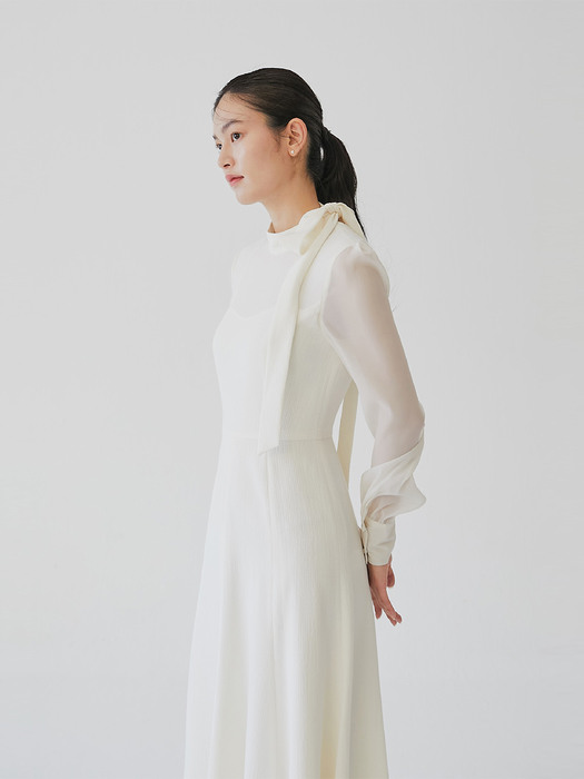 [미전시]ELLEN Tie neck layerd flare dress (Cream/Warm pink)