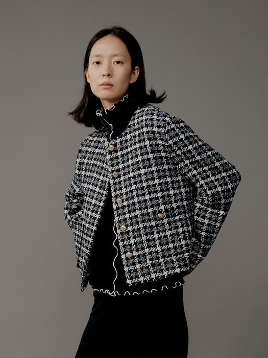 Jacket Round Crop Classic Check Wool Blend Black