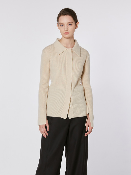 TOF COLLAR RIBBED KNIT CARDIGAN OATMEAL