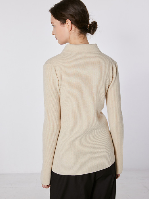 TOF COLLAR RIBBED KNIT CARDIGAN OATMEAL