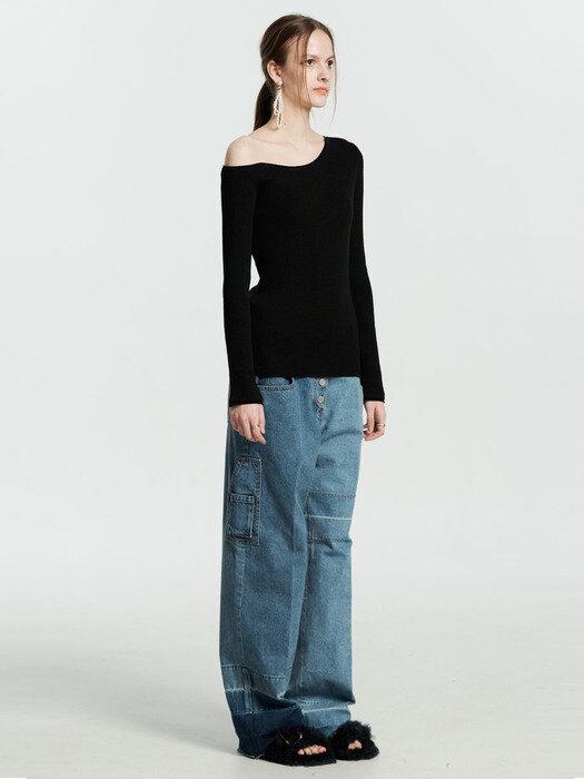 AIMEE BLACK UNBALANCE SHOULDER KNIT