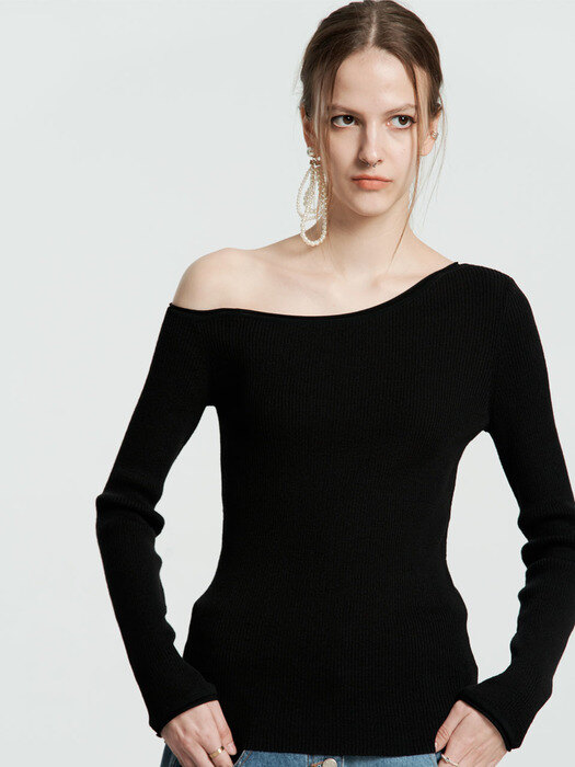 AIMEE BLACK UNBALANCE SHOULDER KNIT