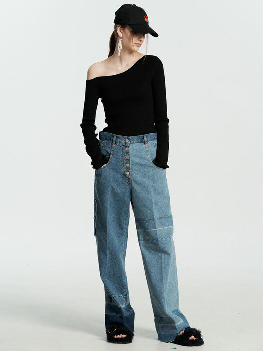 AIMEE BLACK UNBALANCE SHOULDER KNIT