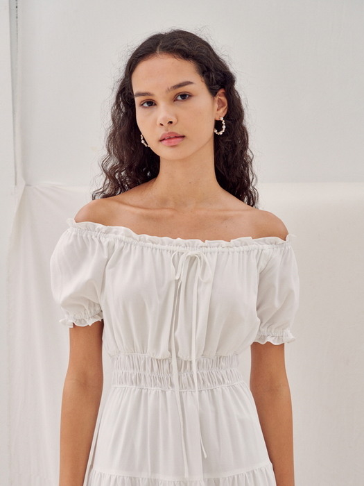 White off-shoulder shirring dress