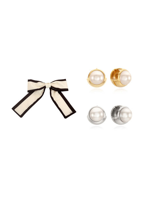 Sadie Ribbon Hairpin+2-Way Pearl One-Touch Ball Earrings_2Color