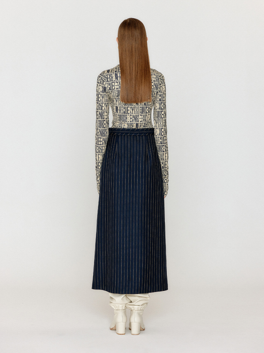 VETTINE Wool Striped Long Skirt - Navy/Beige Stripe