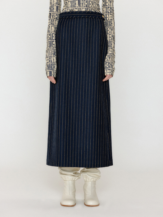 VETTINE Wool Striped Long Skirt - Navy/Beige Stripe