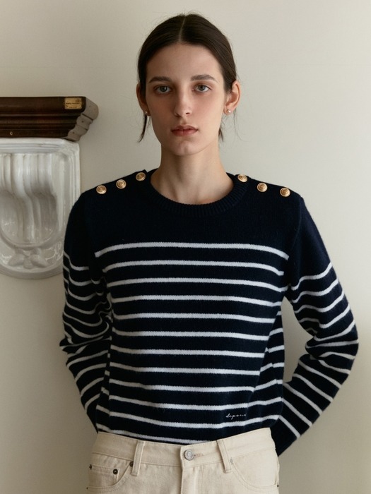 gold button stripe knit - navy/ivory stripe