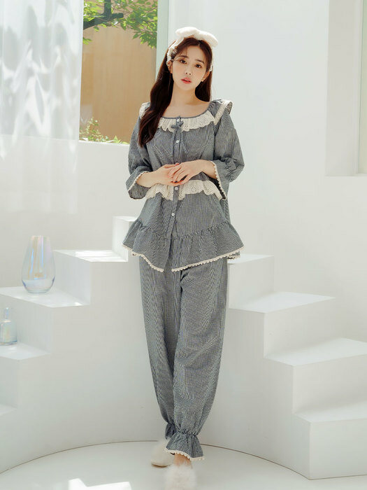 여성 큐티체크 코튼 상하 잠옷(2C7부소매라운드넥)