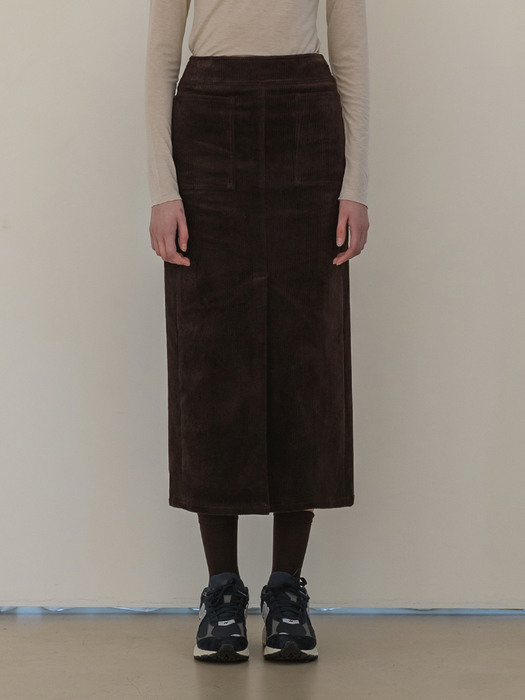 Coduroy Front Slit Pocket Skirt_Deep Brown