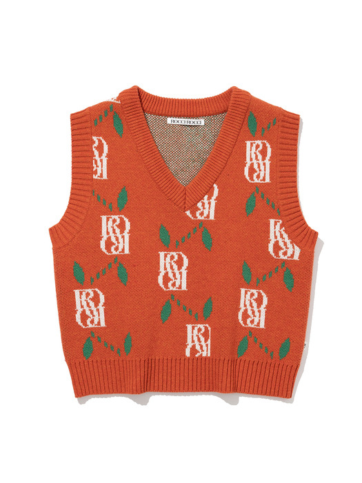 Jacquard V Neck Knit Vest [RED ORANGE]