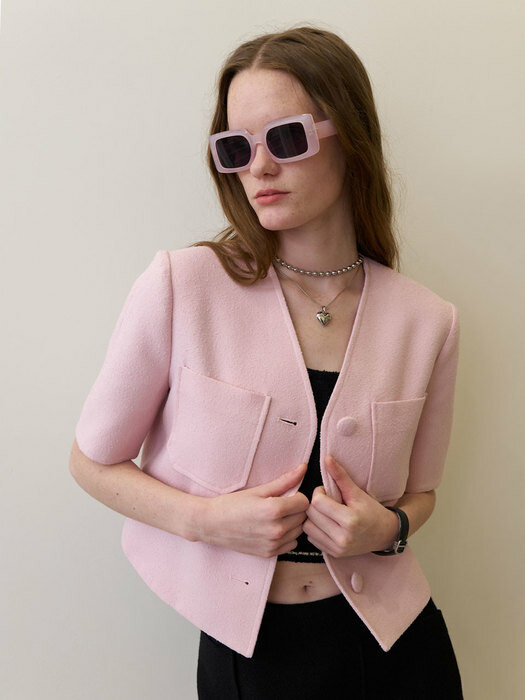 23 Summer_ Pink Micro Boucle Cropped Blazer