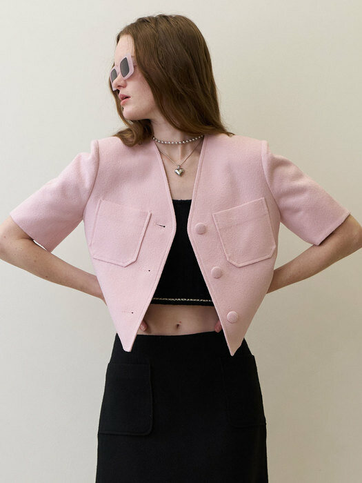 23 Summer_ Pink Micro Boucle Cropped Blazer