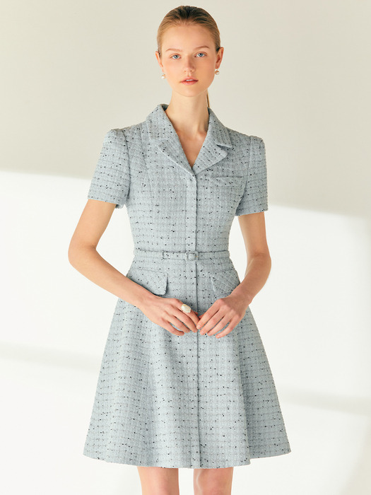 GIANNA Notched collar tweed mini dress (Minty blue)