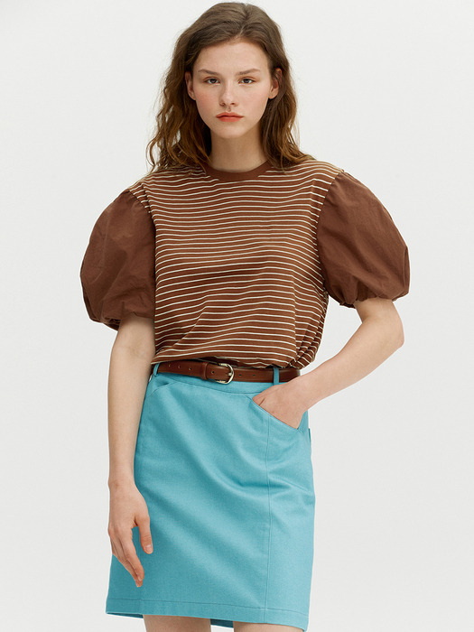 PUBBLICO Balloon sleeve stripe t-shirts (Brown&Ivory)