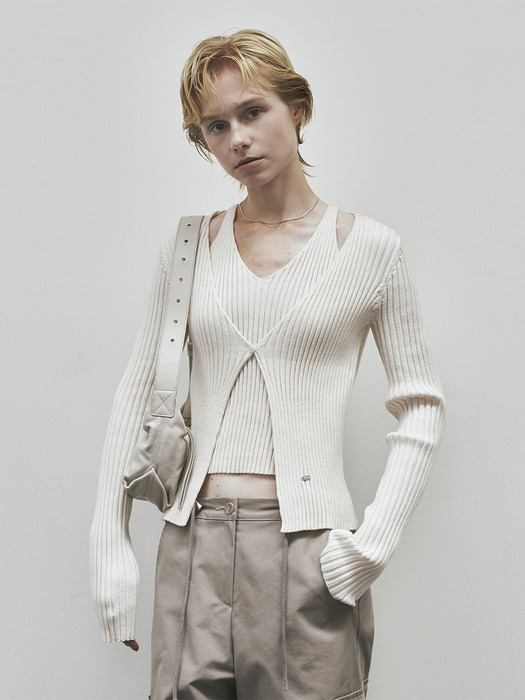Cut Out Ribbed One Button Cardigan (Ivory)