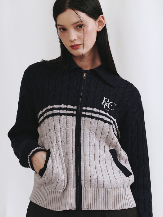 RCC Cable Knit Zipup Cardigan [NAVY]