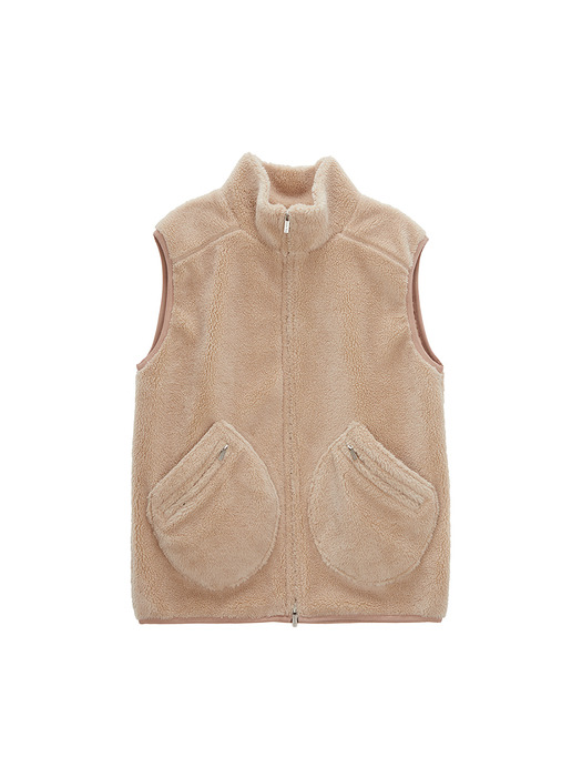 ROUND POCKET FLEECE VEST IN BEIGE