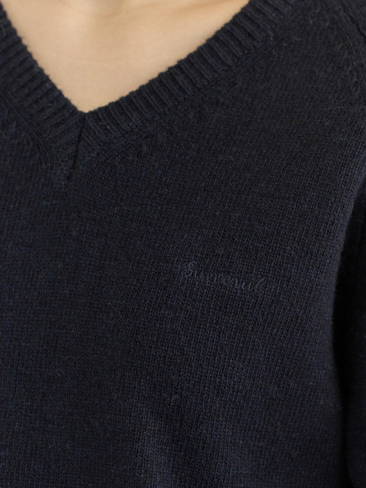 Lettering wool v-neck pullover (navy)
