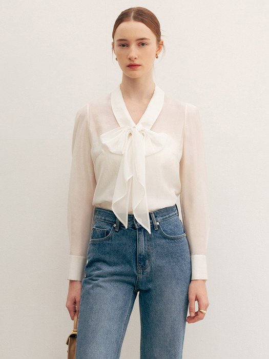 LAUREL Chiffon tie layered blouse (Ivory/Black/Soft pink)