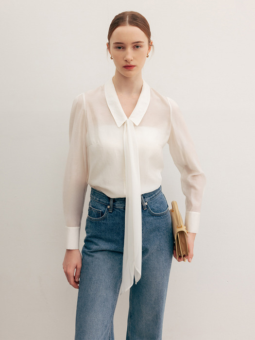 LAUREL Chiffon tie layered blouse (Ivory/Black/Soft pink)