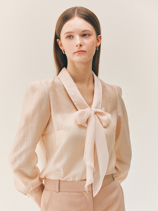 LAUREL Chiffon tie layered blouse (Ivory/Black/Soft pink)