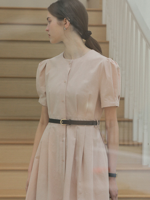 Belt set collarless midi shirt dress_Pink