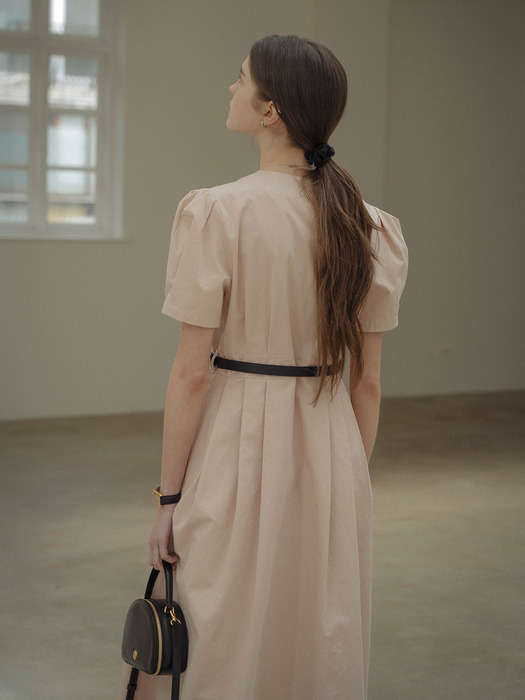 Belt set collarless midi shirt dress_Pink