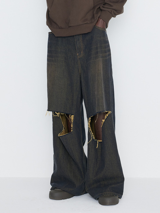 Destroyed Knee Wide Denim Pants Dirty Blue & Mustard