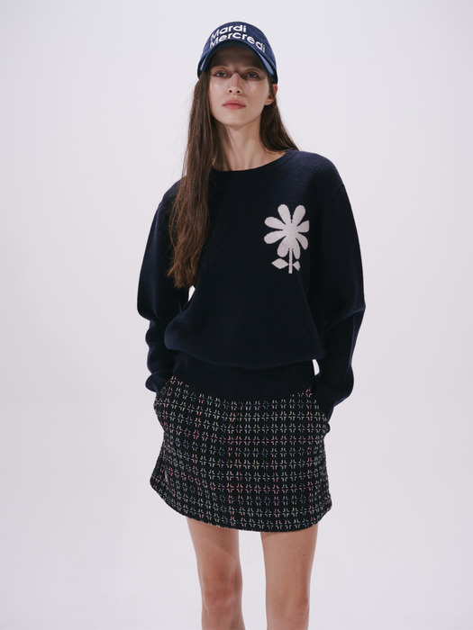 CASHMERE BLENDED PULLOVER EMOJI FLOWER_NAVY IVORY