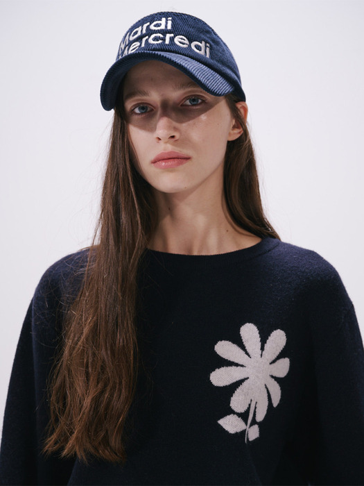 CASHMERE BLENDED PULLOVER EMOJI FLOWER_NAVY IVORY