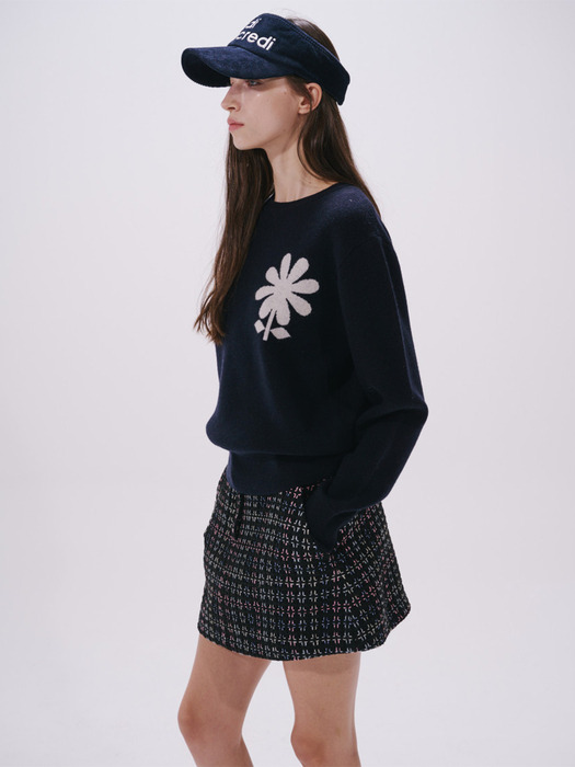 CASHMERE BLENDED PULLOVER EMOJI FLOWER_NAVY IVORY