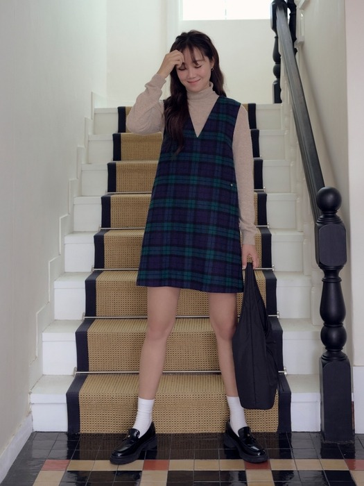 wool blended check mini dress - green