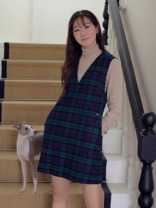 wool blended check mini dress - green