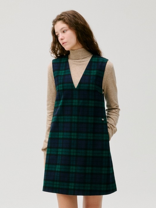 wool blended check mini dress - green