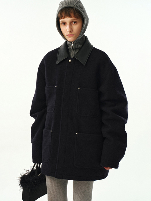 UNISEX, Studed Camel Blend Wool Coat / Dark Navy