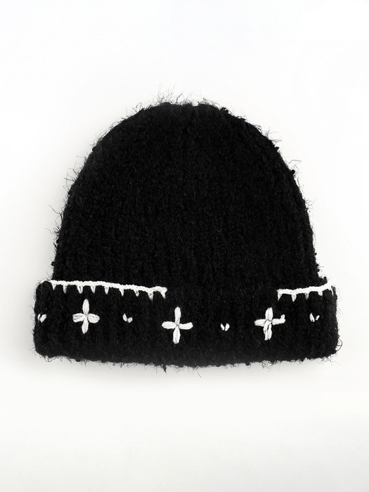 Flower Hand Stitched Beanie_BLACK