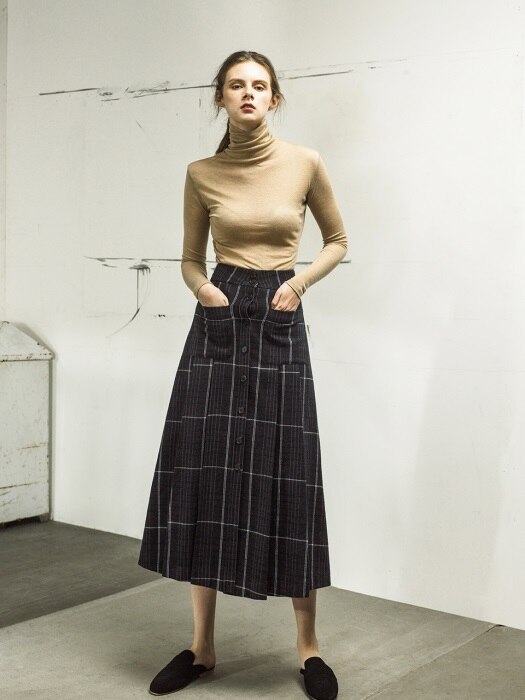 투 포켓 체크 플리츠 울 스커트 Two-Pocket Long Pleated Check Skirt