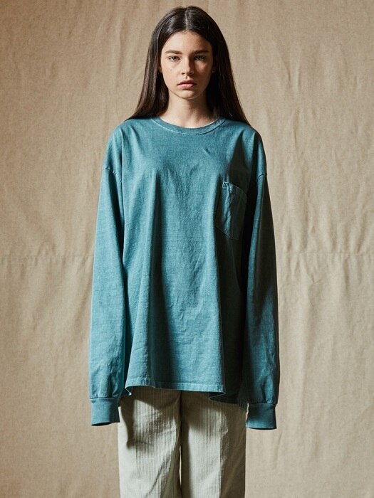 PIGMENT DYED POCKET LONG SLEEVE [BLUE GREEN]