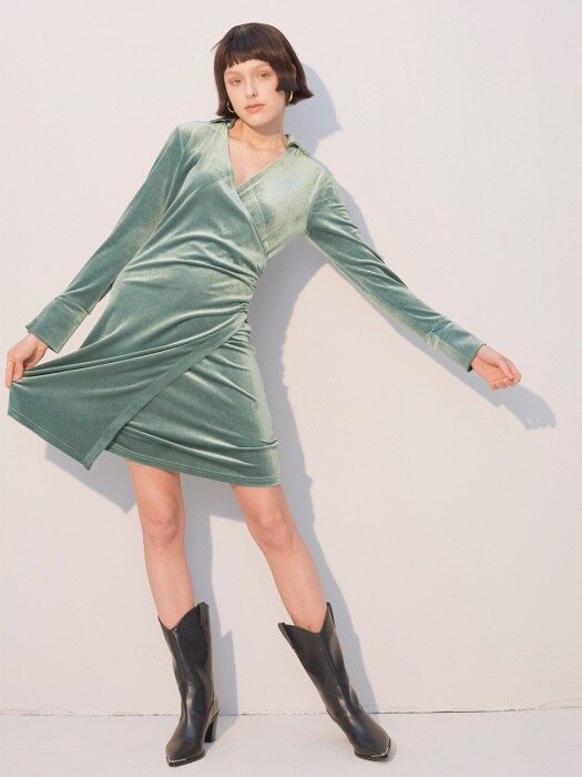 Velvet Shirring Dress_Green
