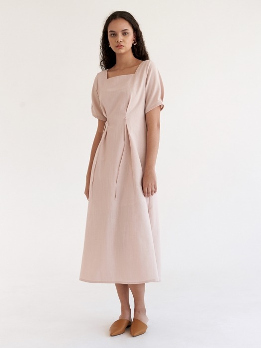 Sqaure Tuck Dress - Beige