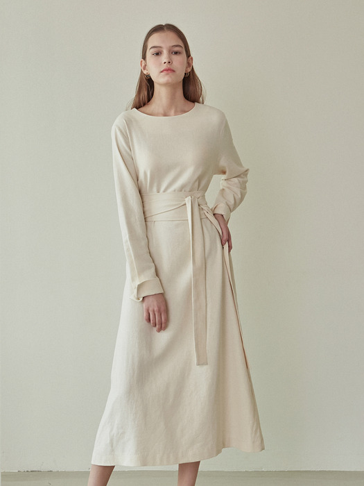 PURE BELTED LONG DRESS_CREAM