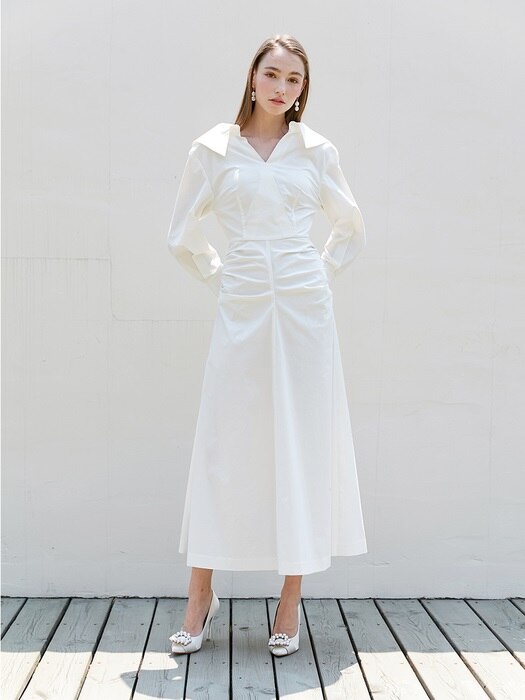 [미전시]KELLY V-neck long sleeve shirred shirt dress (Off white)