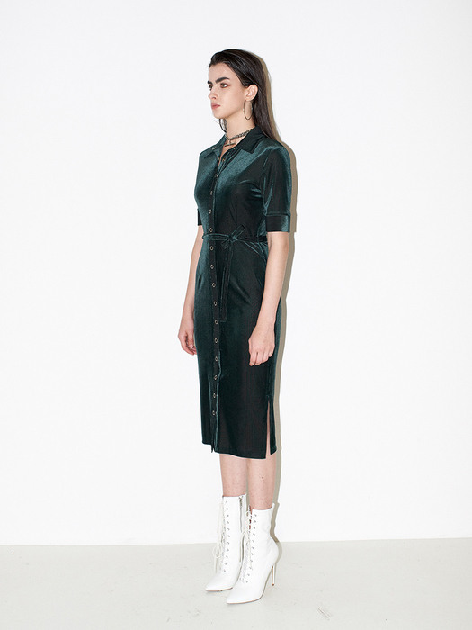 Front open velvet dress [Green]