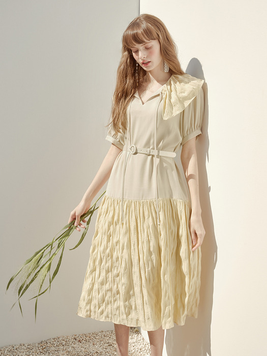 Texture Blend Belted Dress, Beige